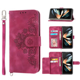 For Samsung Galaxy Z Fold4 5G Floral Leather Phone Wallet - Embossed - Wine Red - Low Angle
