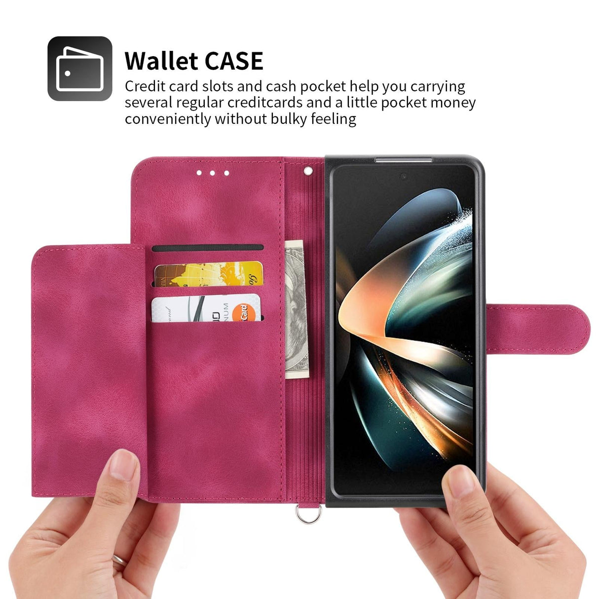 For Samsung Galaxy Z Fold4 5G Floral Leather Phone Wallet - Embossed - Wine Red