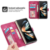 For Samsung Galaxy Z Fold4 5G Floral Leather Phone Wallet - Embossed - Wine Red