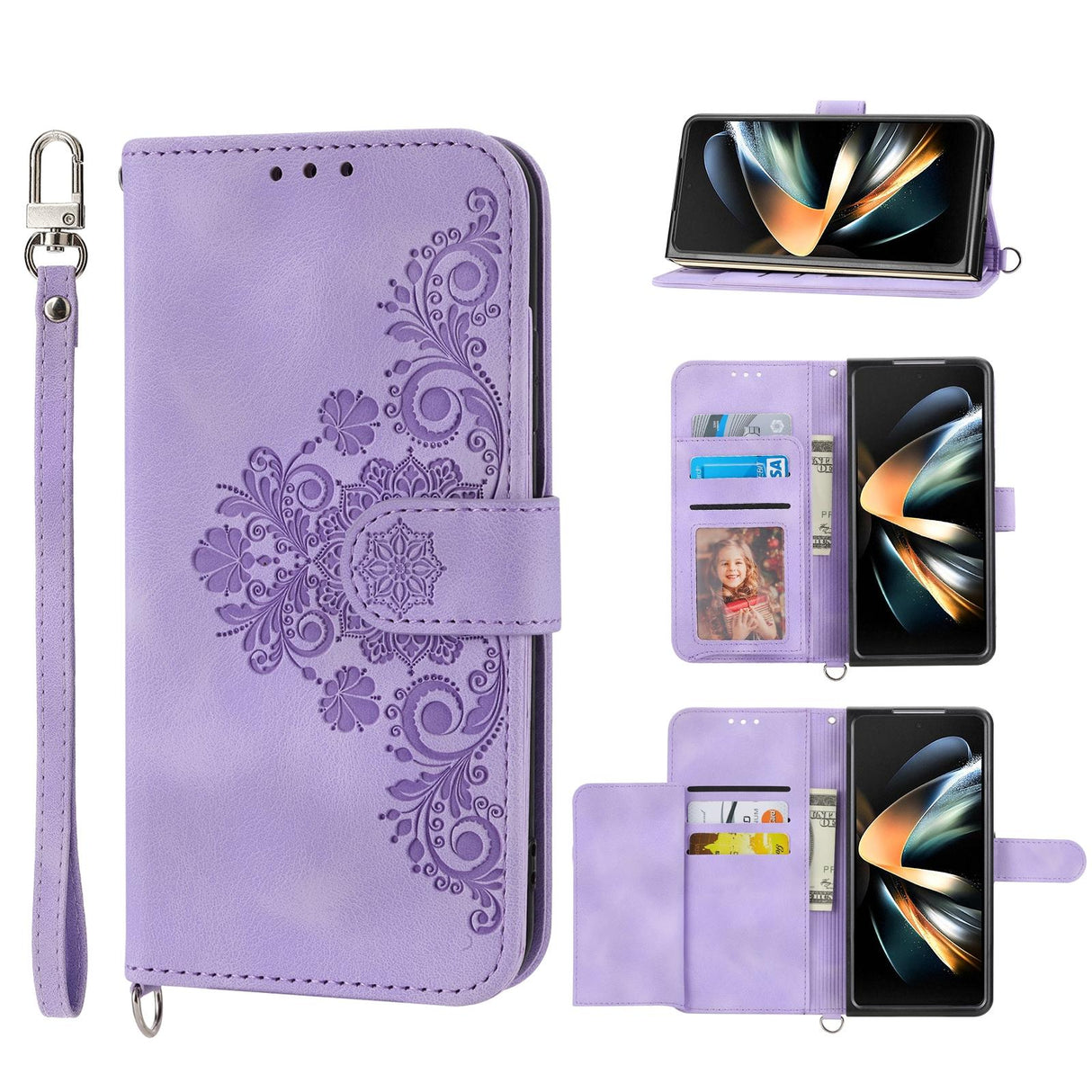 For Samsung Galaxy Z Fold4 5G Floral Leather Phone Wallet - Embossed - Wine Red