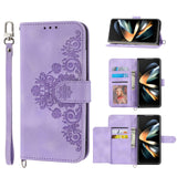 For Samsung Galaxy Z Fold4 5G Floral Leather Phone Wallet - Embossed - Wine Red