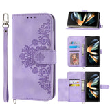 For Samsung Galaxy Z Fold4 5G Floral Leather Phone Wallet - Embossed - Wine Red - Extra Image