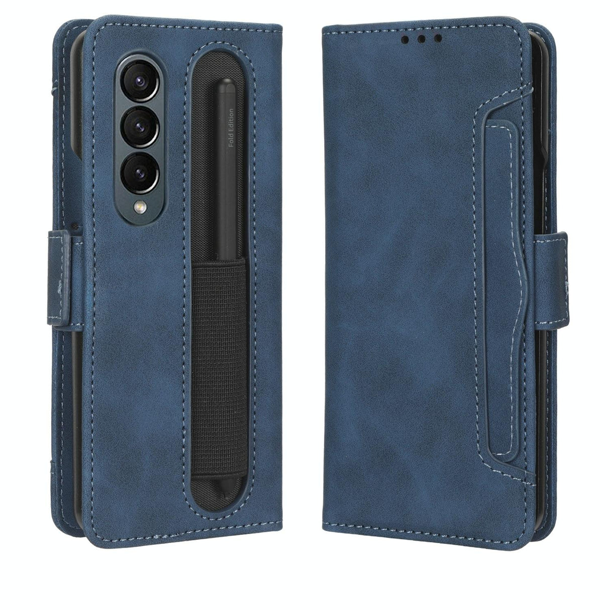 For Samsung Galaxy Z Fold4 5G Leather Phone Case With Card Slots And Calf Texture - Blue