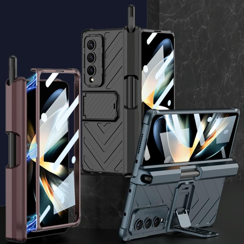 For Samsung Galaxy Z Fold4 5G Magnetic Armor Case With Push Pen - Wine Red