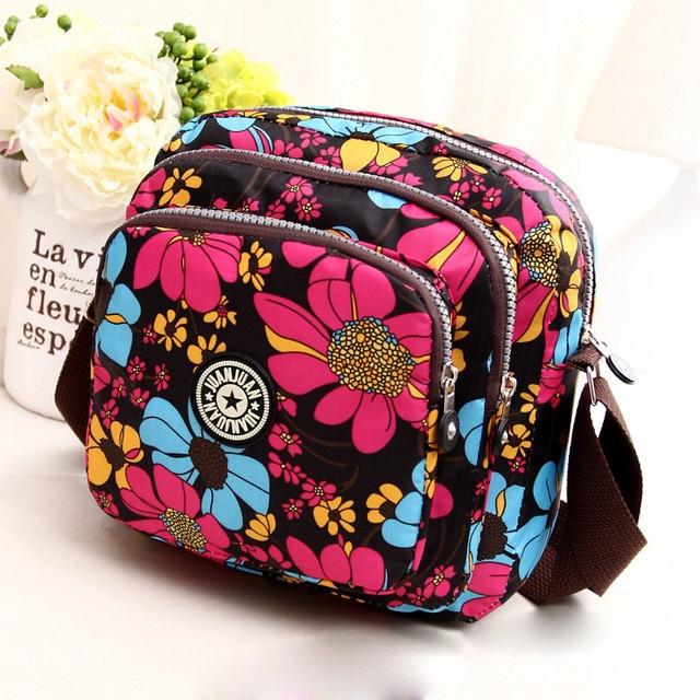 Waterproof Nylon Multilayer Crossbody Bag For Women - Red Flower