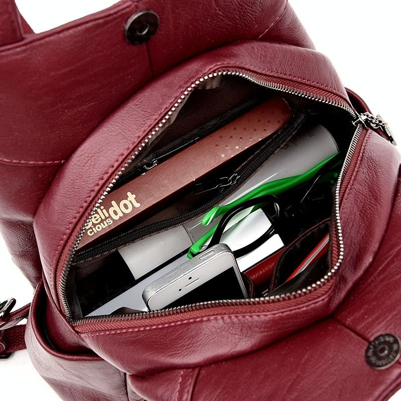 Women Leather Backpack - Secure & Stylish - Wine Red