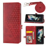 For Samsung Galaxy Z Fold4 5G Leather Grid Texture Phone Case With Lanyard - Blue
