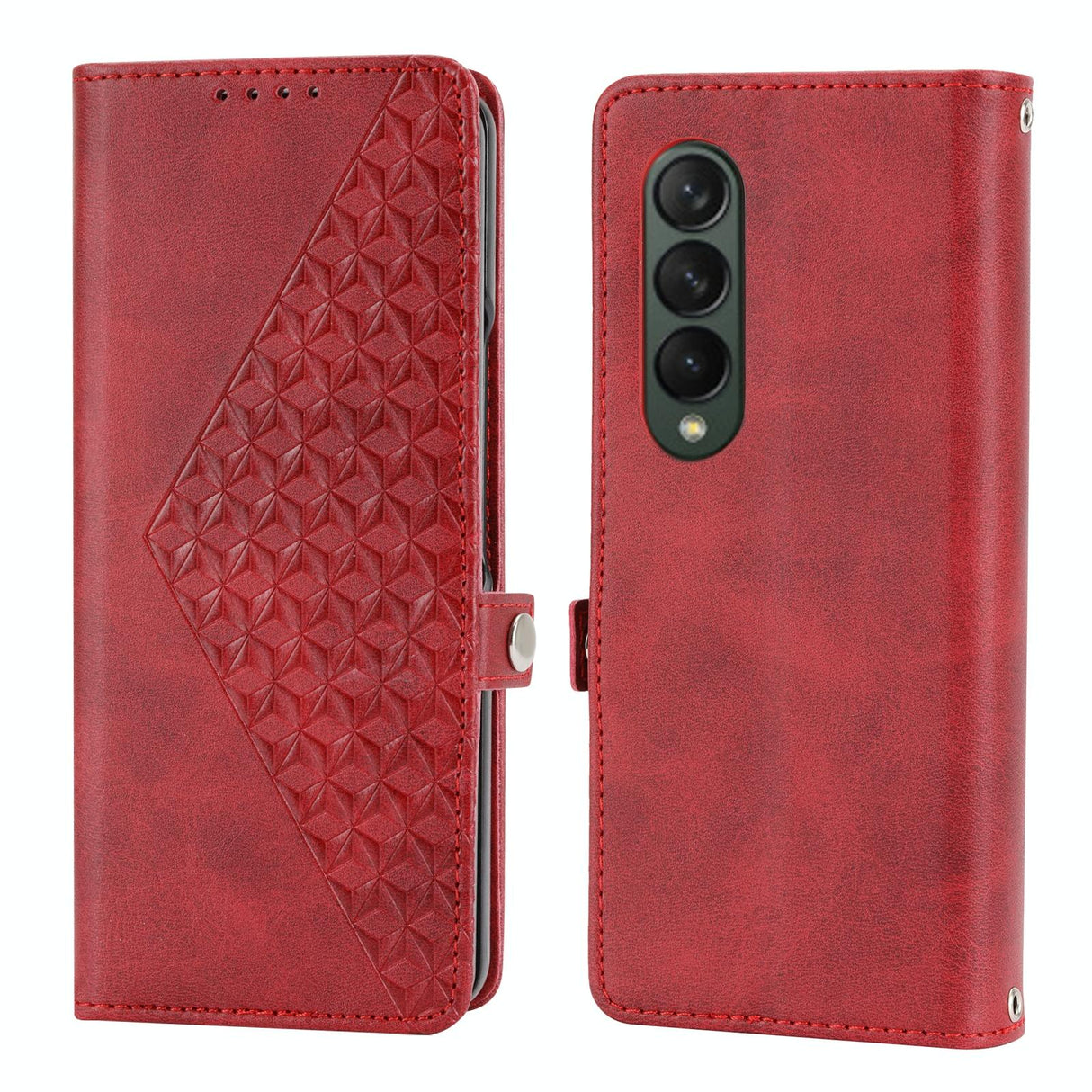 For Samsung Galaxy Z Fold4 5G Leather Grid Texture Phone Case With Lanyard - Blue