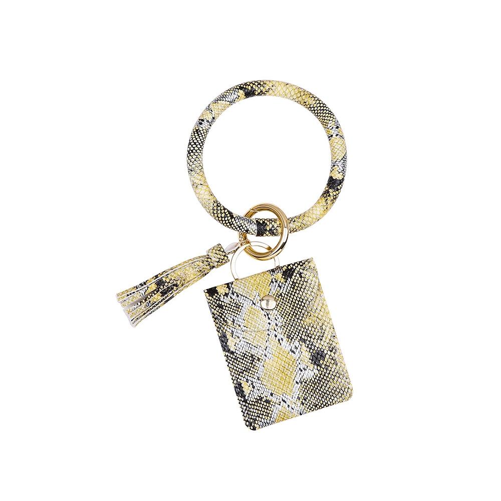 Snake Print Wrist Keychain Coin Purse Black Pu Leather Bracelet Card Case - Black