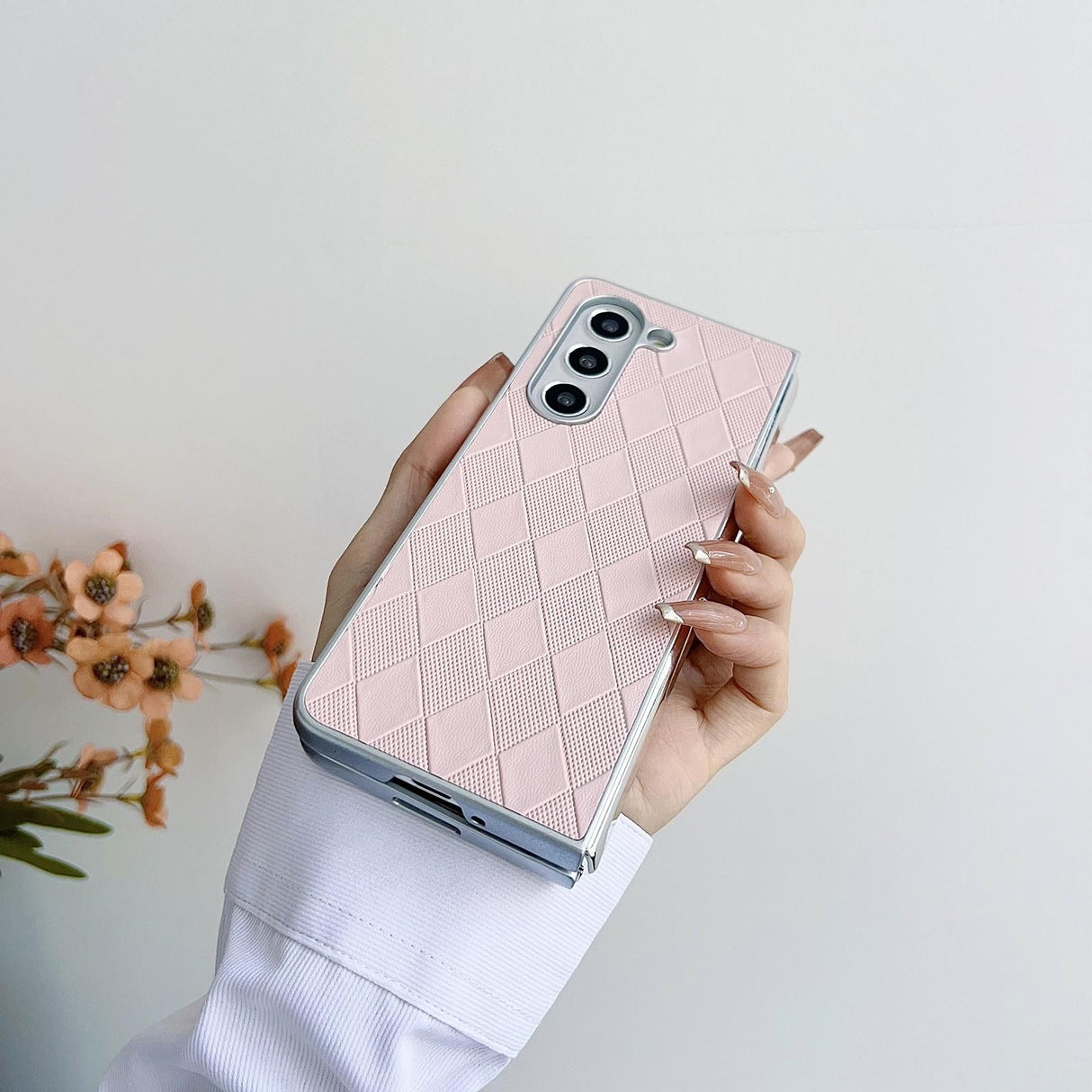 For Samsung Galaxy Z Fold4 5G Checkered Leather Phone Case With Pearlescent Finish - Purple