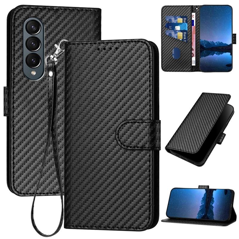 For Samsung Galaxy Z Fold4 5G Carbon Fiber Leather Phone Case With Lanyard - Light Purple