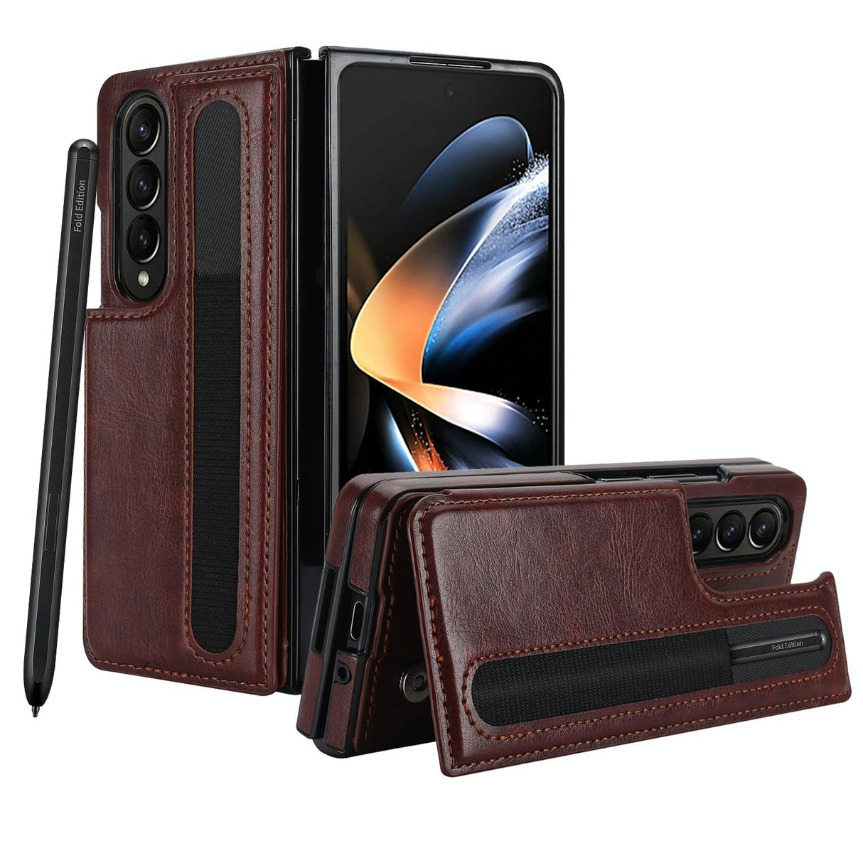 For Samsung Galaxy Z Fold4 5G Double Buckle Foldable Phone Case With Pen Slot - Brown