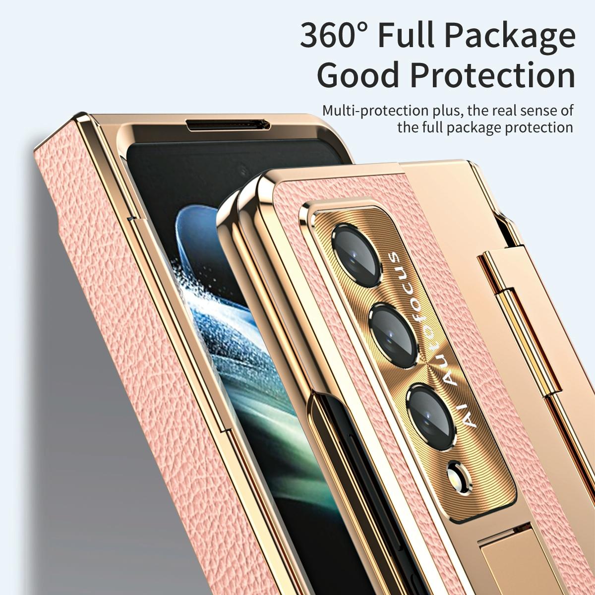 For Samsung Galaxy z Fold4 5G Full Coverage Phone Case with Hinge - Integrated Design - Gold + Pink