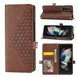 For Samsung Galaxy Z Fold4 5G Textured Leather Phone Case - Cubic Grid Design - Yellow - Front View