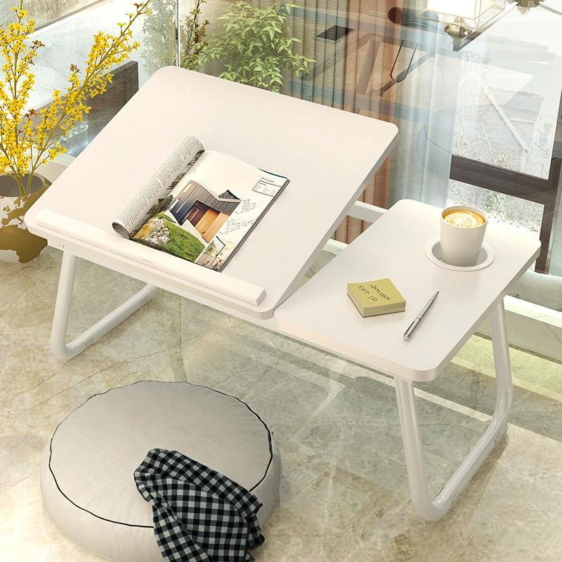 Adjustable Folding Laptop Desk with Cup Holder - Four-speed Lifting Table for Dorms - Aurora White