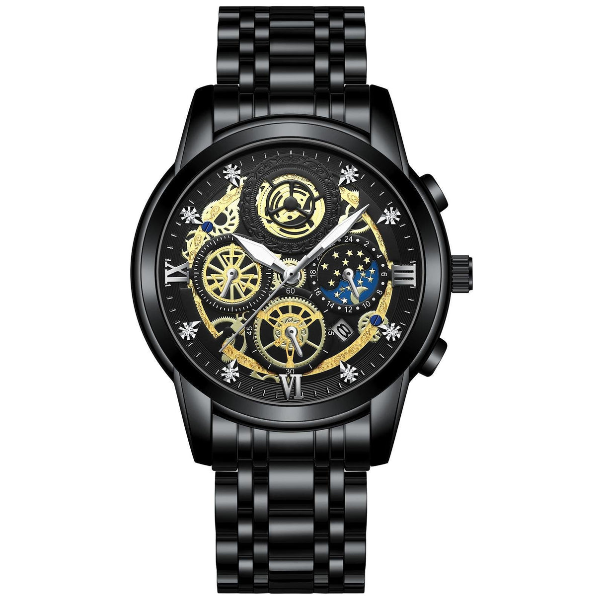 Waterproof Luminous Quartz Watch with Multifunctional Design - White Steel Black Surface