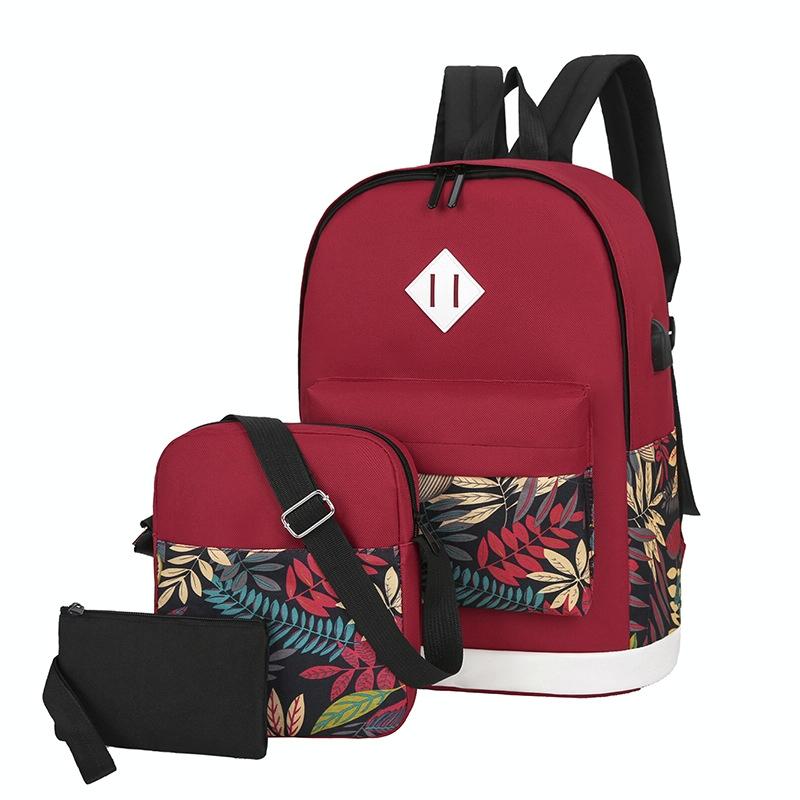 Versatile Student Backpack with Usb Port - College Style - Leaves Blue