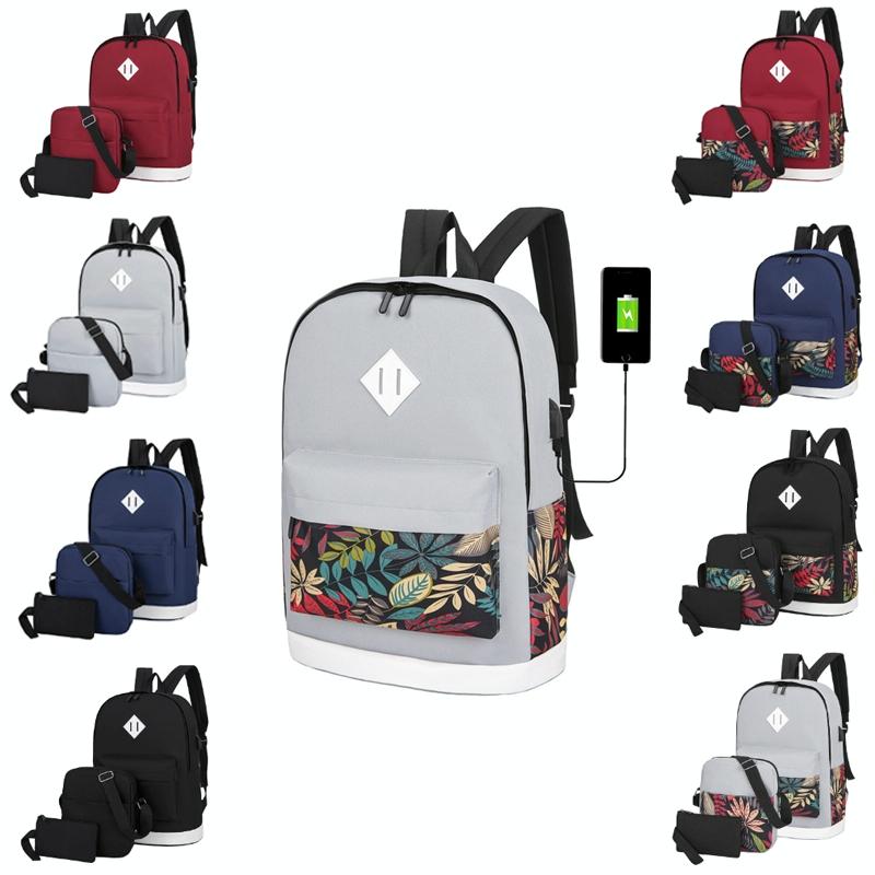 Versatile Student Backpack with Usb Port - College Style - Leaves Blue
