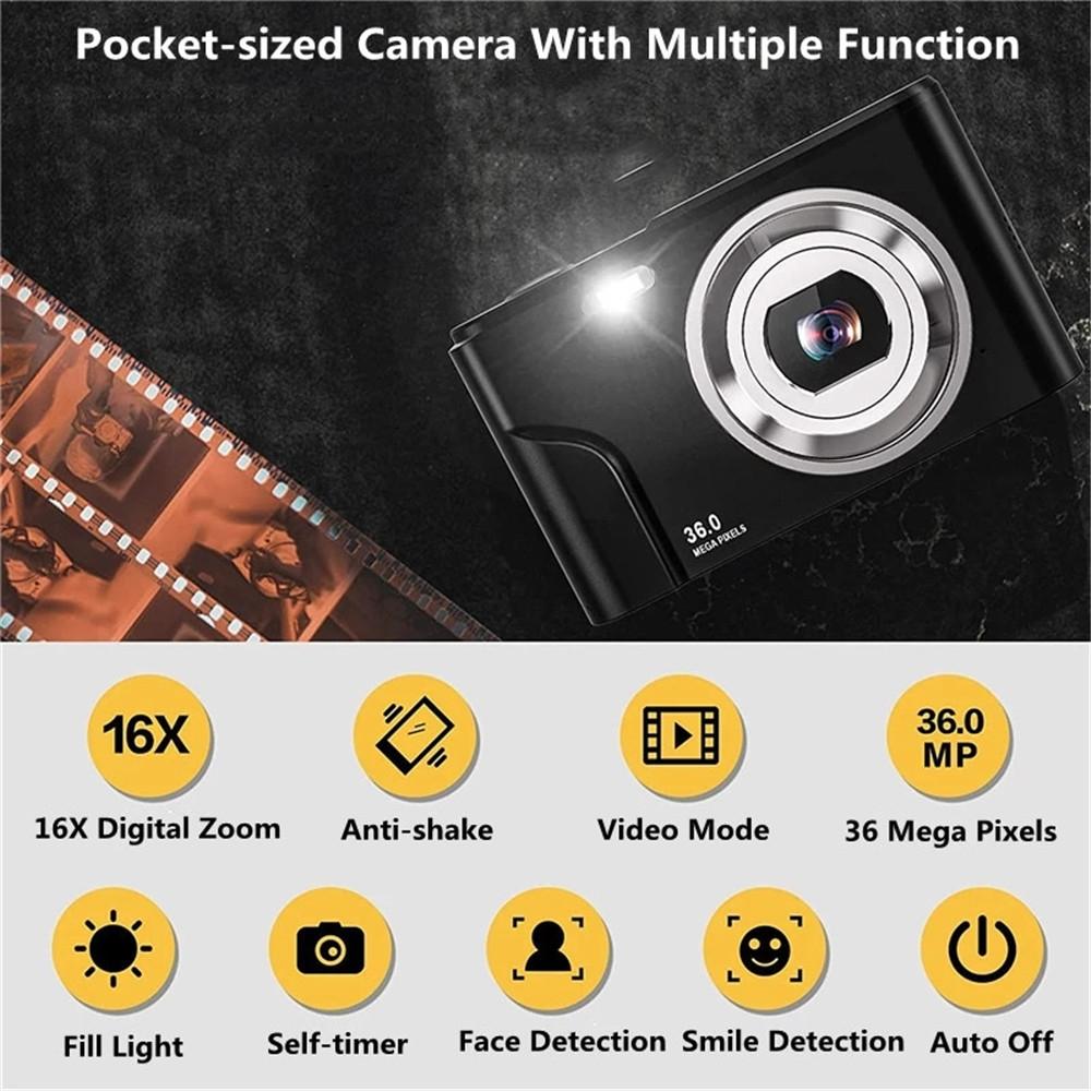 36mp 2.7k Full Hd Digital Camera with 16x Zoom for Children - 2.4 Inch Screen - Pink