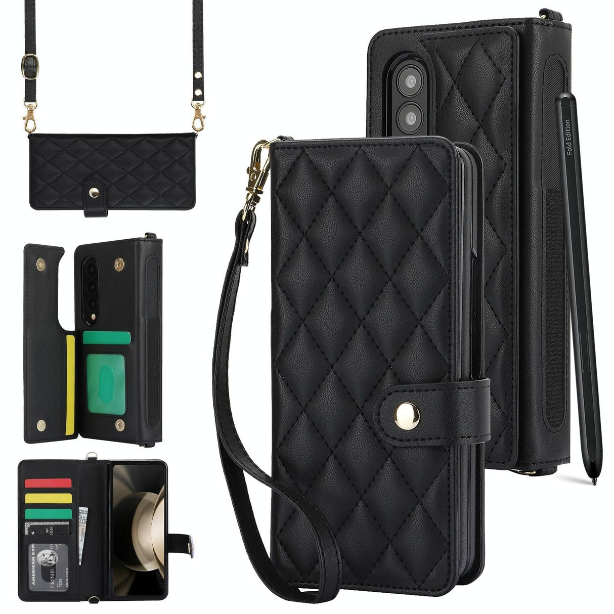 For Samsung Galaxy z Fold4 5G Multifunctional Rhombic Leather Crossbody Phone Case - Brown