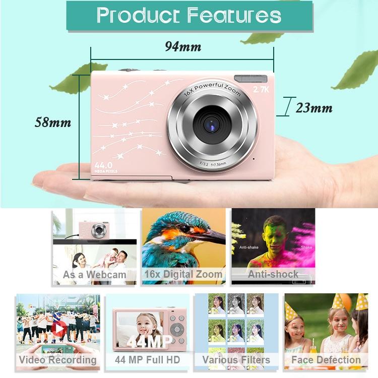 Full Hd 1080p Digital Camera with 44mp 16x Zoom - 2.4 Inch Screen for Children - Pink