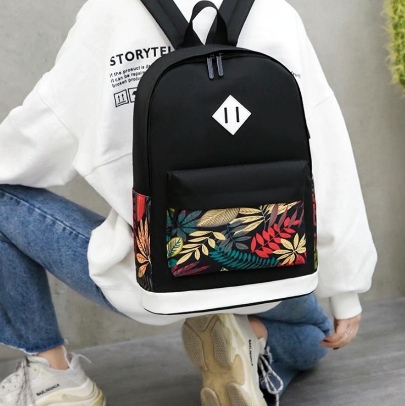 Versatile Student Backpack with Usb Port - College Style - Leaf Black