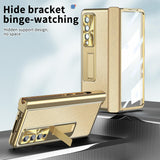 For Samsung Galaxy Z Fold4 5G Shockproof Magnetic Litchi Pattern Phone Case - Blue Gold - Close-Up Angle