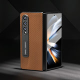 For Samsung Galaxy Z Fold4 5G Carbon Fiber Phone Case With Holder - Black