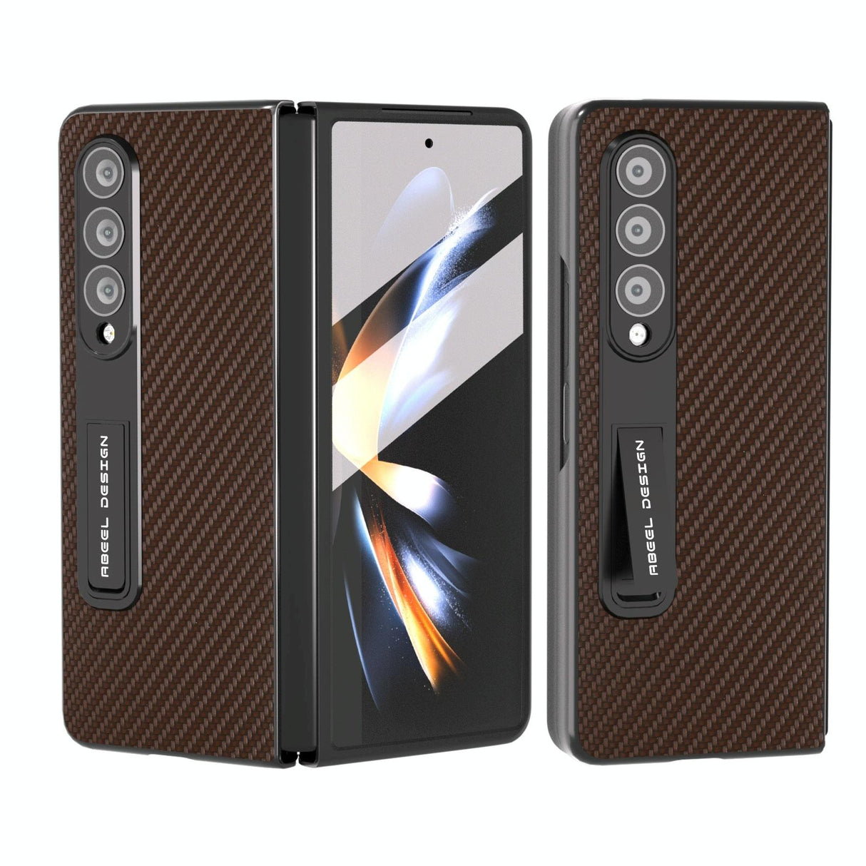 For Samsung Galaxy Z Fold4 5G Carbon Fiber Phone Case With Holder - Black