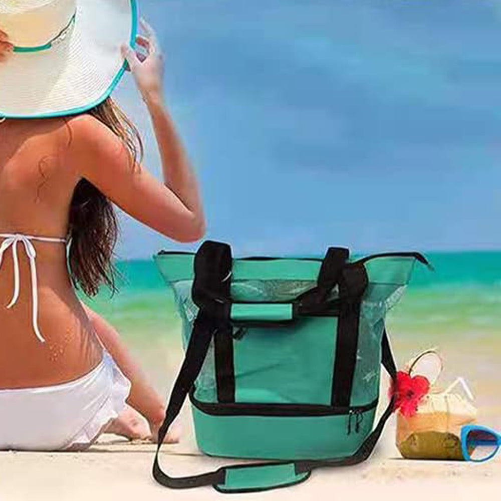 Vibe Geeks 2 in 1 Mesh Beach Tote Bag with Insulated Cooler - Blue