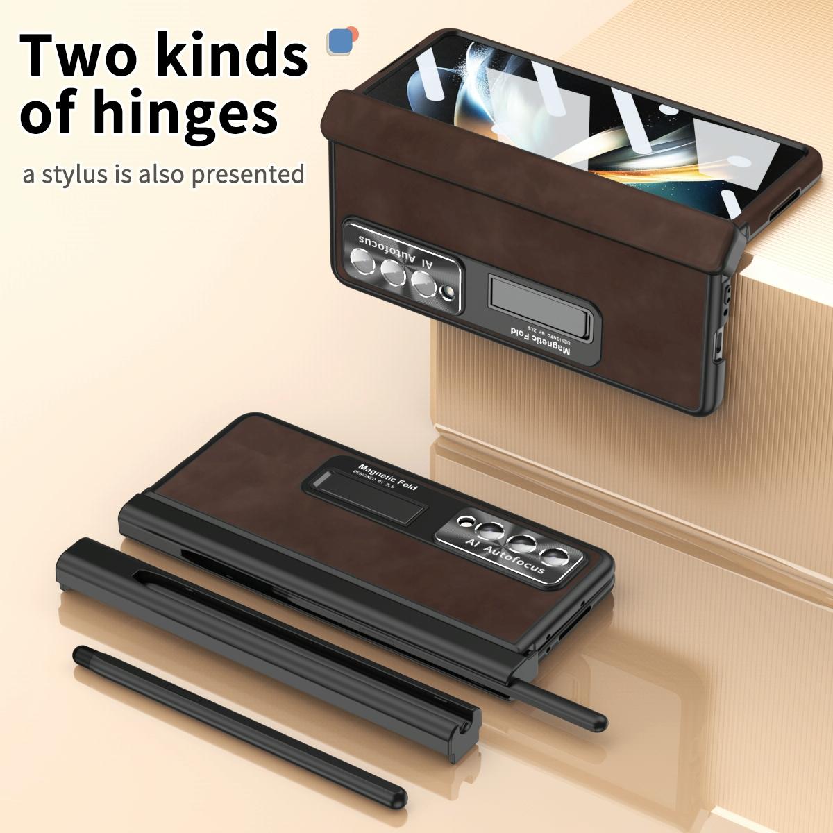 For Samsung Galaxy Z Fold4 5G Magnetic Phone Case - Napa Pattern - Brown