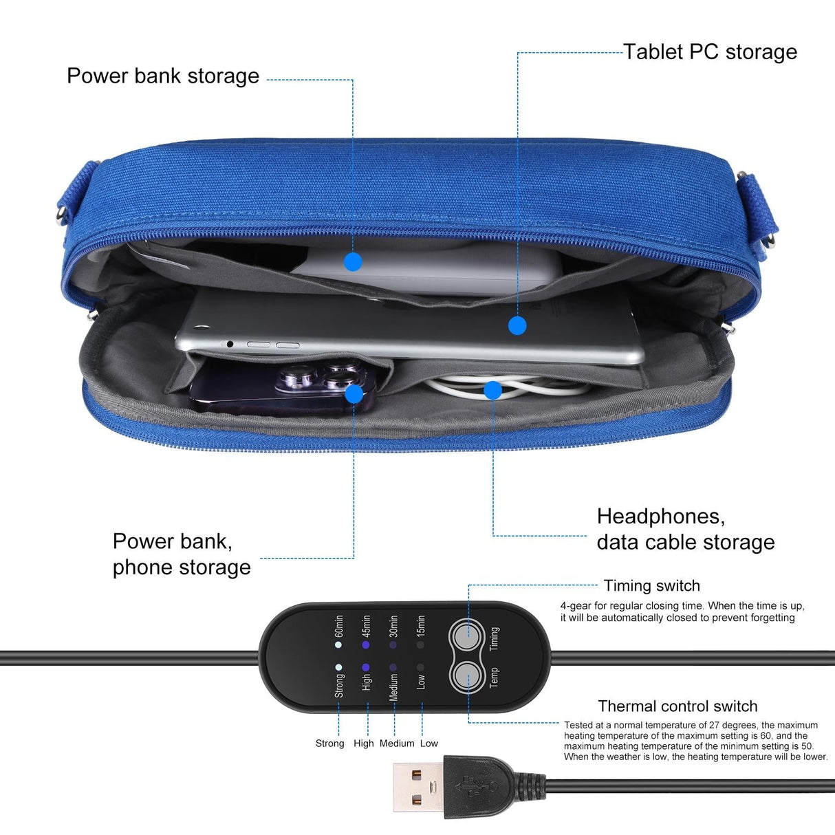 Small Messenger Bag With Tablet And Phone Warmer - Blue