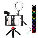 Vlogging Live Broadcast Smartphone Video Rig With 4.7 Inch Rgbw Ring Led Selfie Light Microphone And Pocket Tripod Mount Kit - Blue - Front View