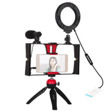 Vlogging Live Broadcast Smartphone Video Rig With 4.7 Inch Rgbw Ring Led Selfie Light Microphone And Pocket Tripod Mount Kit - Blue