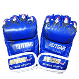 Adults Half-Finger Pu Leather Boxing Gloves - Blue Training - Front View
