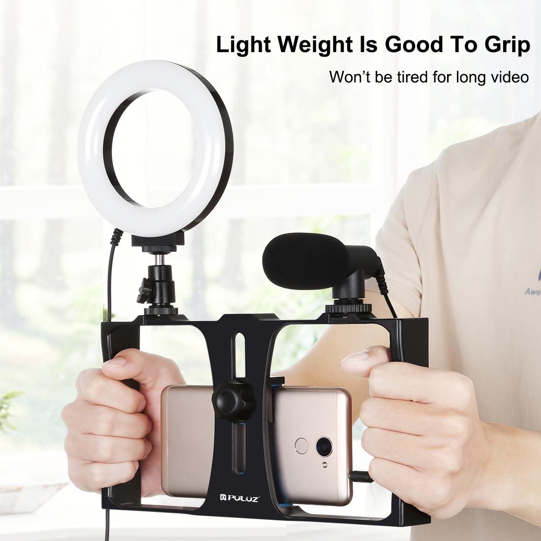 3-In-1 Vlogging Kit With Smartphone Rig Microphone And Led Ring Light - Blue