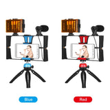 Live Broadcast Vlogging Kit With Led Light Microphone Tripod & Cold Shoe Head - Red - 45-Degree Angle