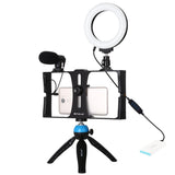 Vlogging Live Broadcast Smartphone Video Rig With Led Selfie Light Microphone Tripod Mount And Cold Shoe Head - Blue - Pkt3025R - Front View