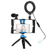 Vlogging Live Broadcast Smartphone Video Rig With Led Selfie Light Microphone Tripod Mount And Cold Shoe Head - Blue - Pkt3025R - Side View