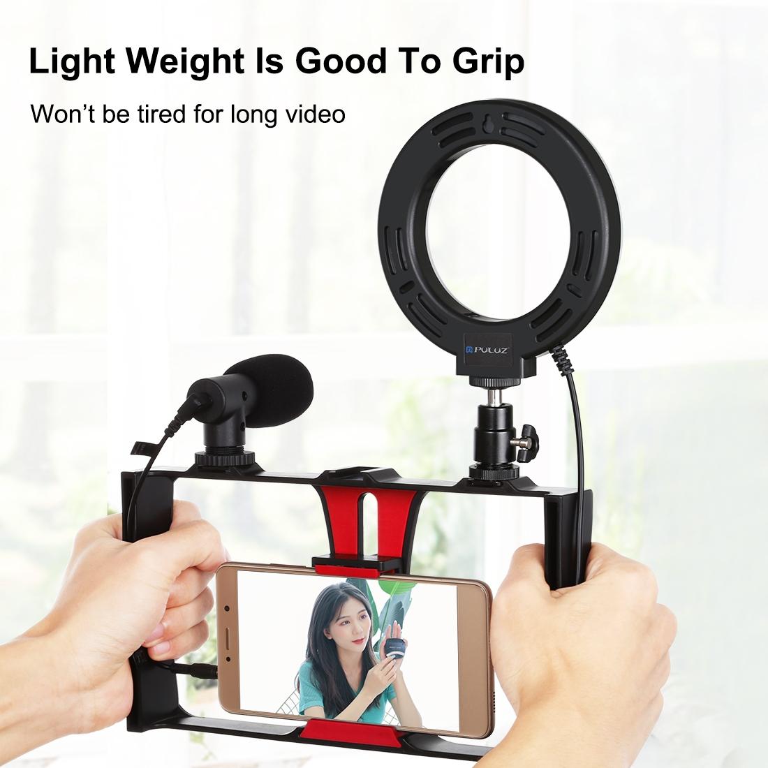 Vlogging Live Broadcast Smartphone Video Rig With 4.7 Inch Rgbw Ring Led Selfie Light Microphone And Pocket Tripod Mount Kit - Red