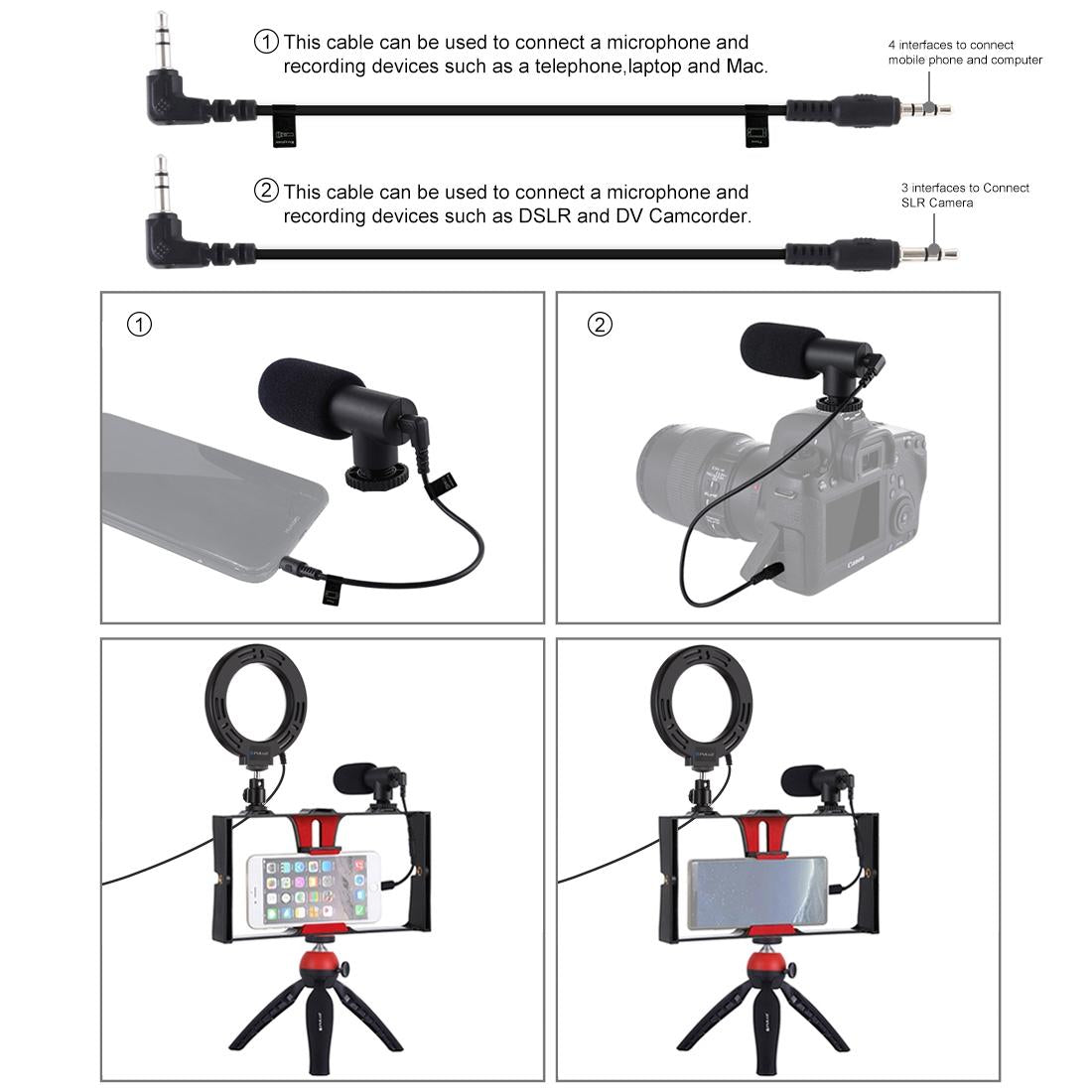 Vlogging Live Broadcast Smartphone Video Rig With 4.7 Inch Rgbw Ring Led Selfie Light Microphone And Pocket Tripod Mount Kit - Red