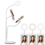 Universal Cell Phone Holder with Selfie Ring Light Microphone Clip & 3-colour Light Adjustment for Studio Recording Live Broadcast Ktv White - Front View