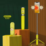 Bluetooth Remote Selfie Stick with Dual Fill Light and Tripod - Yellow - Side View