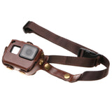Leather Housing Case with Neck Strap and Buttons for Gopro Hero7 / 6 / 5 - Black - Brown - Front View