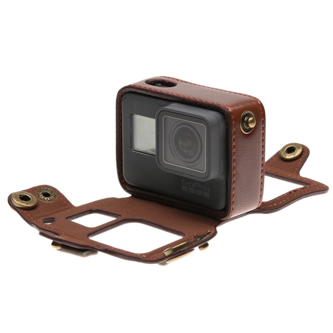 Leather Housing Case with Neck Strap and Buttons for Gopro Hero7 / 6 / 5 - Black - Brown