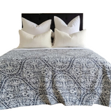 Boho Blue Kantha Bedspread Coverlet - Blue - Front View