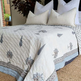 Kolka Palm & Pine Reversible Quilt 100% Cotton Blue - King Size - Close-Up Angle