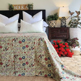 Green Berries Kantha Bedspread Coverlet - Green (King - 228 cm x 274 cm) - Front View