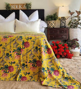 Mustard Peony Kantha Bedspread Coverlet - Mustard (King - 228 cm x 274 cm) - Front View