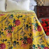 Mustard Peony Kantha Bedspread Coverlet - Mustard (King - 228 cm x 274 cm) - Top-Down View